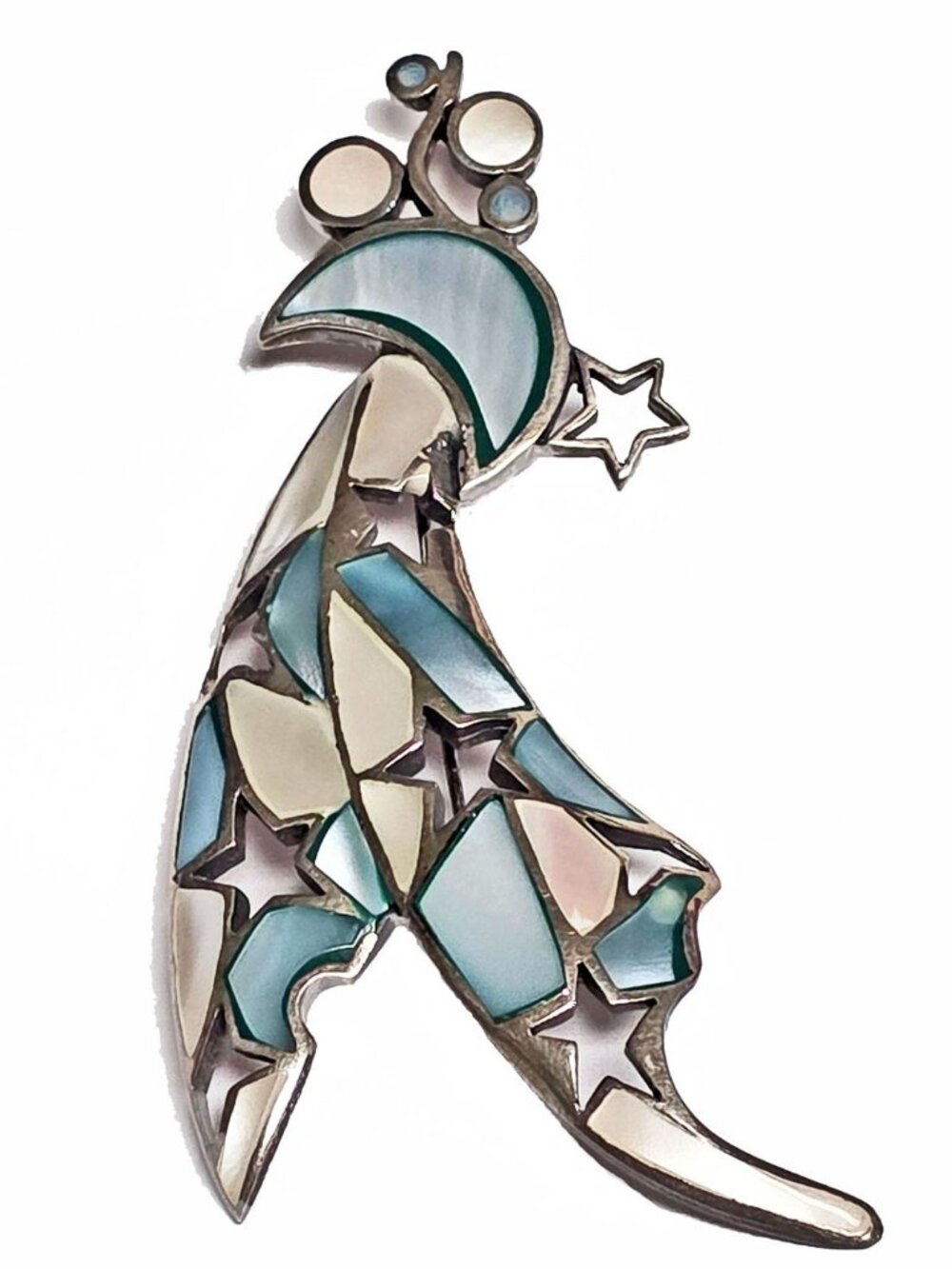 Sterling Silver Inlaid Mother of Pear Shell Crescent Moon & Stars Pin Brooch NEW